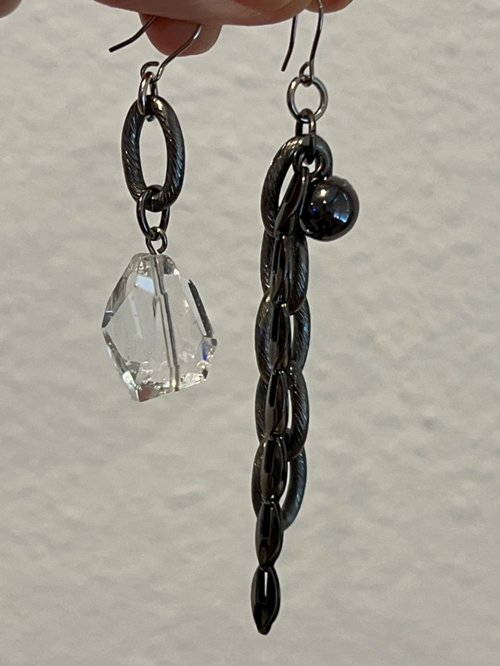 Asymmetric Silver-Tone Chain and Crystal Drop Earrings